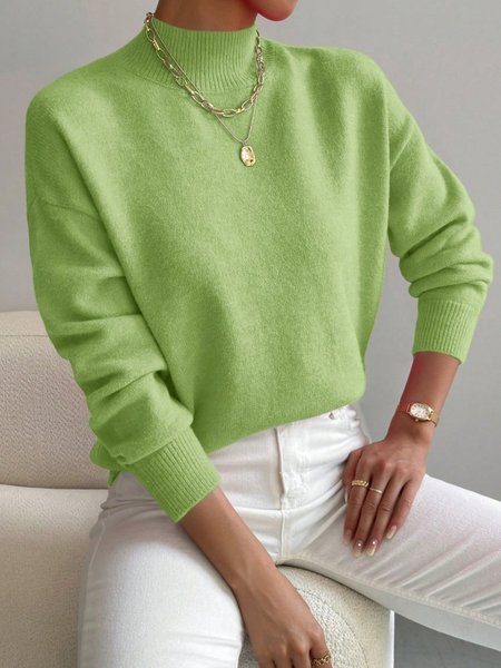 

Women Plain Split Joint Winter Street Long Sleeve Mock Neck Sweater, Green, Sweaters