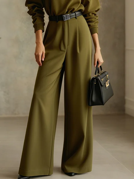 

Urban Plain Wide Leg Pants No Belt, Green, Pants
