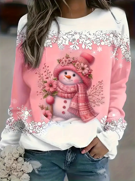 

Women Christmas Snowman Long Sleeve Tee T-shirt Crew Neck Printing Casual Spring/Fall Graphic Tee Top, Pink, T-Shirts