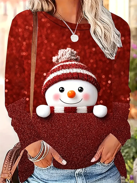 

Casual Christmas Snowman Crew Neck Long Sleeve T-shirt, Red, T-shirts