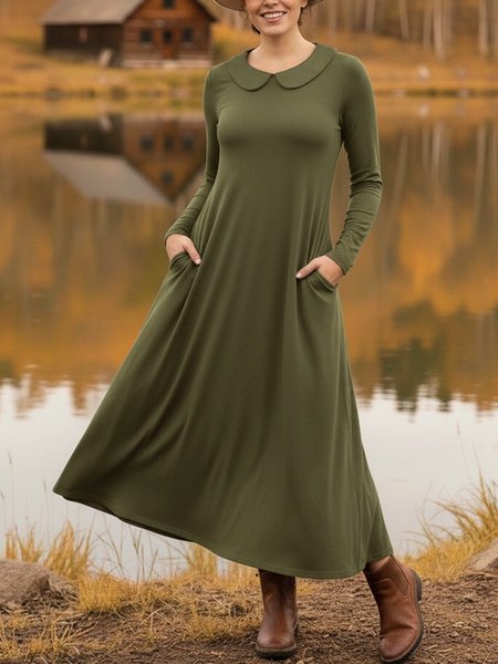 

Loose Casual Cotton-Blend Dress With No, Army green, Maxi Dresses