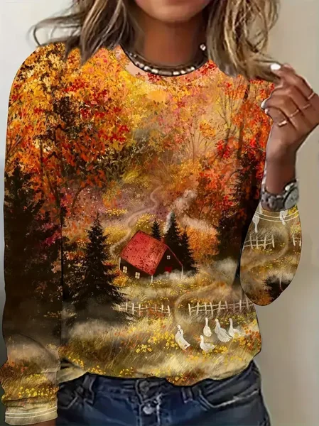 

Women Maple Leaf Long Sleeve Tee T-shirt Crew Neck Printing Casual Spring/Fall Graphic Tee Top, Orange, T-Shirts