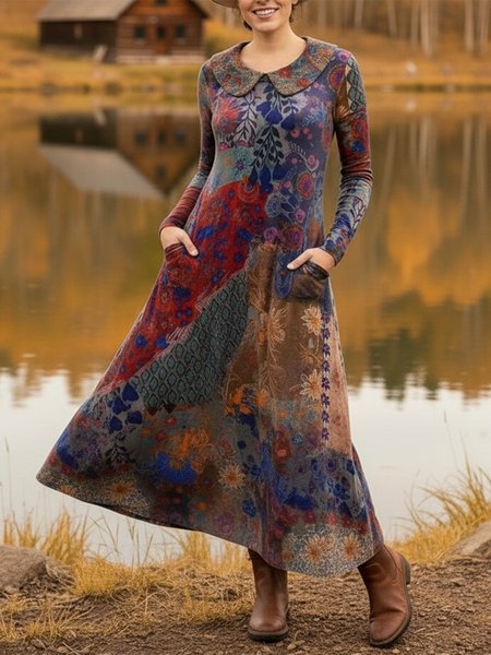 

Women Floral Spring/Fall Dress Shawl Collar Long Sleeve A-Line Dress, As picture, Dresses