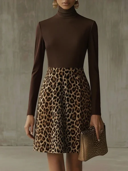 Urban Leopard Printing Turtleneck Knee Length Dress