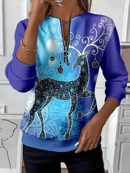 

Women Christmas Crew Neck Printing Casual Spring/Fall Long Sleeve Sweatshirt, Blue purple, Sweatshirts & Hoodies