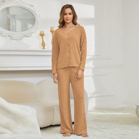 

Regular Fit Casual V Neck Pajama Set, Orange, Jumpsuits&Rompers