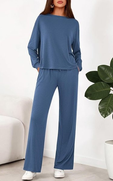 

Casual Plain Regular Fit Pajama Set, Blue, Jumpsuits&Rompers