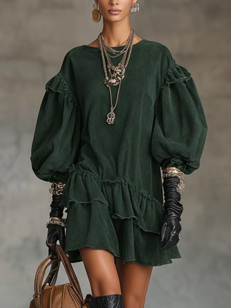 

Urban Plain Puff Sleeve Peplum Crew Neck Mini Dress, Green, Mini Dresses