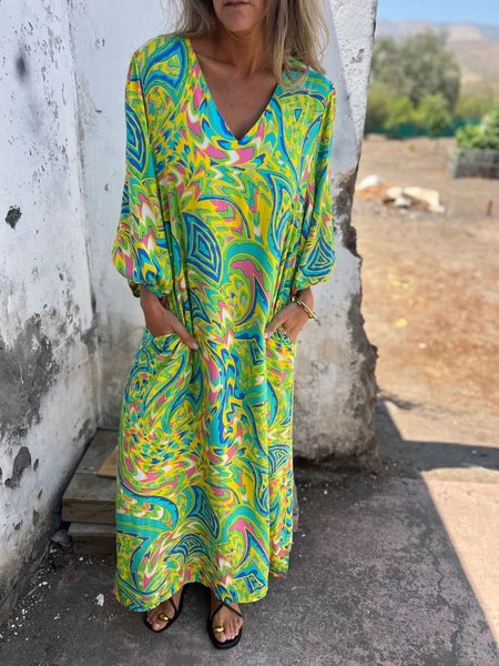 

Women Floral Long Sleeve Spring/Fall Printing Dress V Neck Balloon Sleeve Daily Vintage Maxi T-Shirt Dress A-Line Dress, Floral-yellow green, Dresses