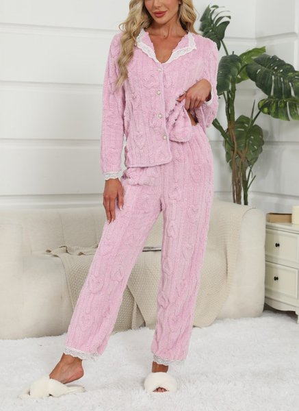 

Shirt Collar Casual Plain Coral Velvet Pajama Set, Pink, Jumpsuits&Rompers