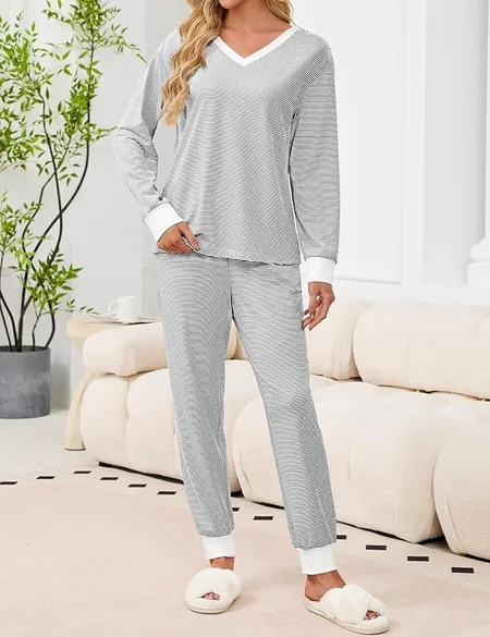 

Color Block V Neck Casual Regular Fit Pajama Set, Light gray, Jumpsuits&Rompers