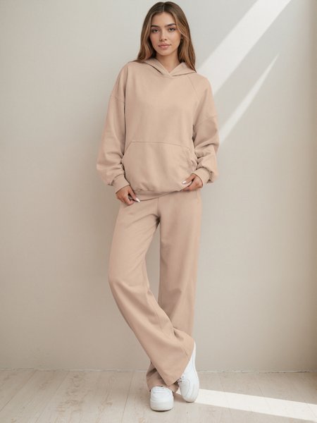 

Women Plain Two-Piece Set Daily Long Sleeve Casual Spring/Fall Top With Pants Matching Set, Khaki, Jumpsuits&Rompers