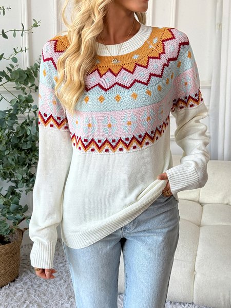 

Women Cotton Geometric Long Sleeve Comfy Casual Sweater, White, Sweaters