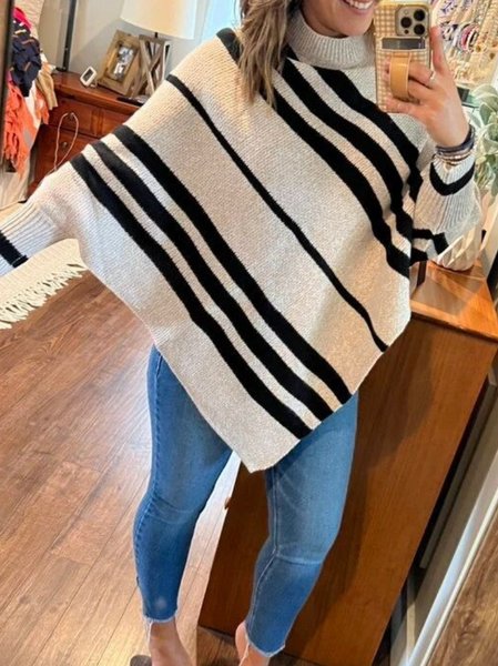 

Women Striped Printing Winter Street Long Sleeve Mock Neck Sweater, Khaki, Sweaters