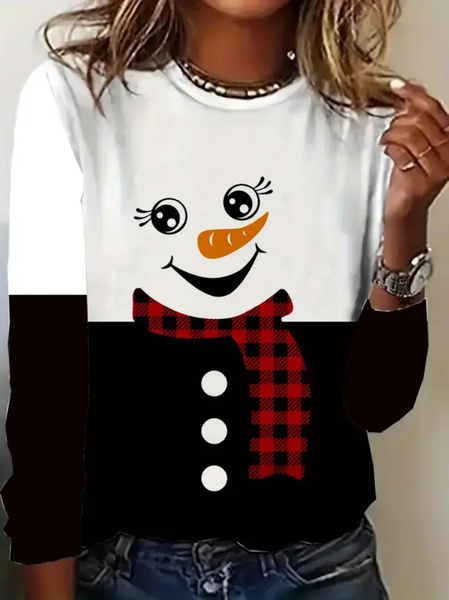 

Women Christmas Snowman Long Sleeve Tee T-shirt Crew Neck Printing Casual Spring/Fall Graphic Tee Top, Black-white, T-Shirts