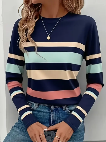 

Casual Striped Crew Neck Long Sleeve T-shirt, Purplish blue, T-shirts