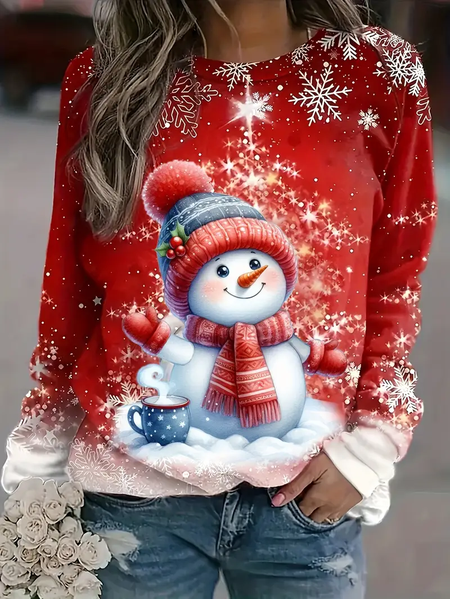 

Women Christmas Snowman Long Sleeve Tee T-shirt Crew Neck Printing Casual Spring/Fall Graphic Tee Top, Red, T-Shirts