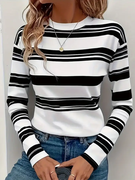 

Casual Striped Crew Neck Long Sleeve T-shirt, Black-white, T-shirts