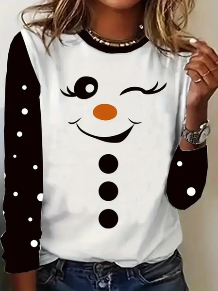 

Women Christmas Snowman Long Sleeve Tee T-shirt Crew Neck Printing Casual Spring/Fall Graphic Tee Top, White, T-Shirts