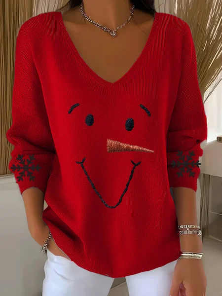 

Women Christmas Snowman Long Sleeve Tee T-shirt V Neck Printing Casual Spring/Fall Top, Red, T-Shirts