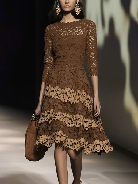 

Elegant Color Block Folds Crew Neck Knee Length Dress, Brown, Midi Dresses