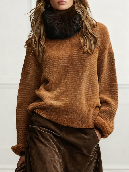 

Urban Plain Fur Collar Crew Neck Sweater, Camel, Pullovers