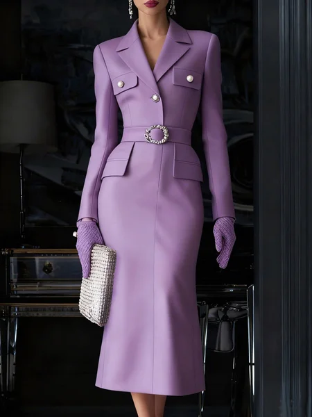 

Elegant Plain Lapel Collar Midi Dress With Belt, Purple, Midi Dresses
