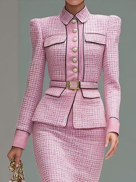 

Elegant Tweed Plain Buttons Jacket With Belt, Pink, Jackets