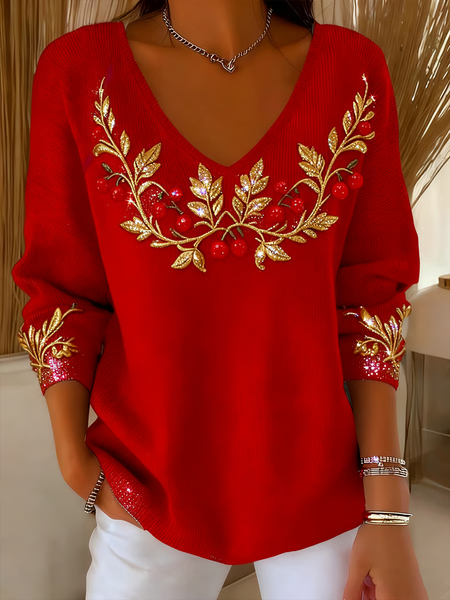 

Women Christmas Long Sleeve Tee T-shirt V Neck Printing Casual Spring/Fall Top, Red, T-Shirts
