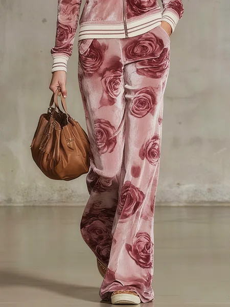 

Casual Velvet Floral Straight Pants, Pink, Pants