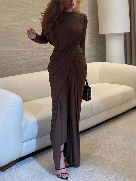 

Elegant Plain Asymmetric Crew Neck Maxi Dress, Brown, Maxi Dresses
