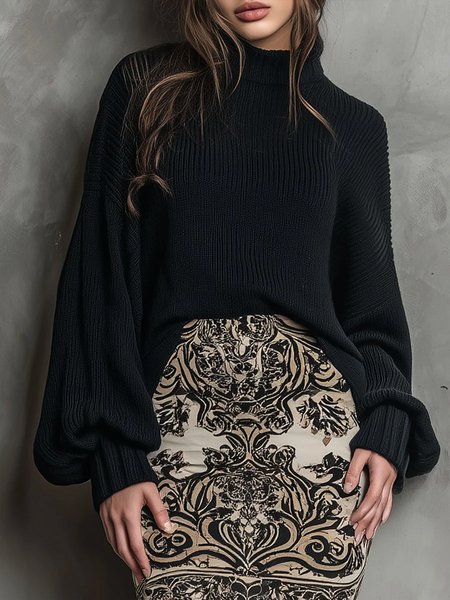 

Casual Plain Mock Neck Loosen Sweater, Black, Pullovers