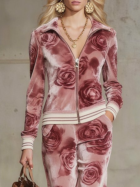 

Casual Velvet Zipper Floral Shawl Collar Jacket, Pink, Jackets