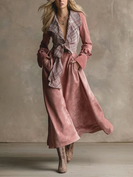 

Elegant Plaid Split Joint Shawl Collar Maxi Dress With Belt, Pink, Maxi Dresses