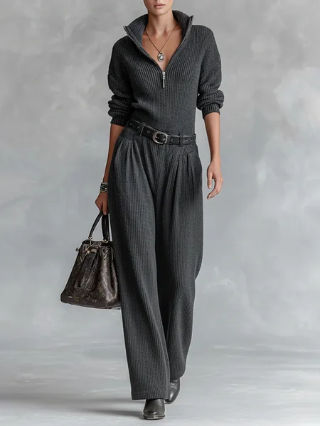 Casual Zipper Plain Mock Neck Sweater Jumpsuit With Belt