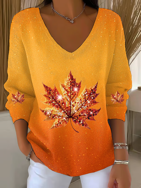 

Women Maple Leaf Long Sleeve Tee T-shirt V Neck Printing Casual Spring/Fall Top, Orange, T-Shirts