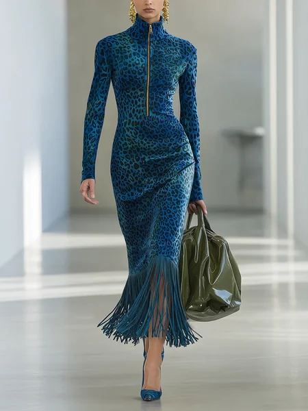Velvet Elegant Leopard Zipper Turtleneck Midi Dress