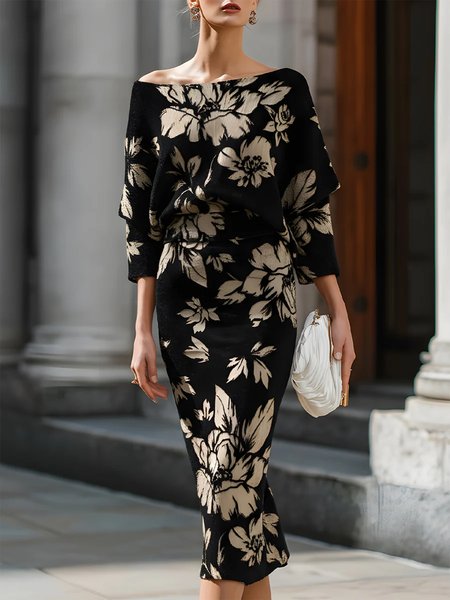 

Elegant Floral Printing Boat Neck Midi Dress, Black, Midi Dresses