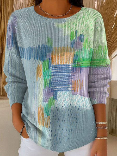 

Women Abstract Printing Spring/Fall Casual Long Sleeve Crew Neck Sweater, Blue, Sweaters