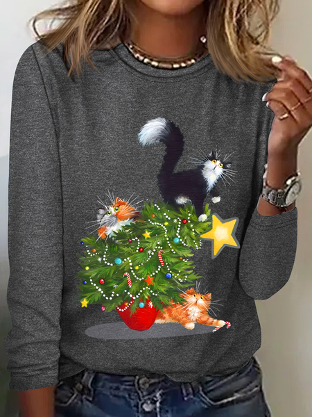 

Casual Christmas Crew Neck Long Sleeve T-shirt, Deep gray, T-shirts