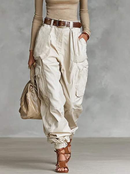 

Casual Plain Pockets Cargo Pants, Apricot, Pants