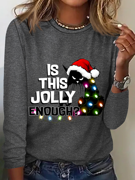 

Casual Christmas Crew Neck Long Sleeve T-shirt, Deep gray, T-shirts