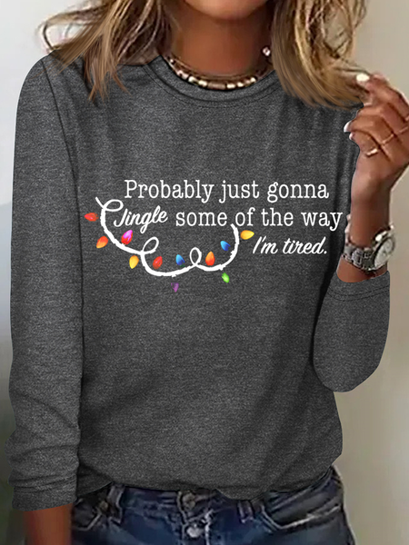 

Casual Christmas Crew Neck Long Sleeve T-shirt, Deep gray, T-shirts