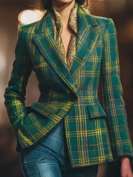 

Urban Plaid Lapel Collar Blazer, As picture, Blazers