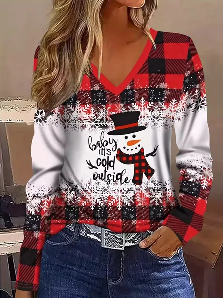 

Women Christmas Snowman Long Sleeve Tee T-shirt V Neck Printing Casual Spring/Fall Graphic Tee Top, Red, T-Shirts
