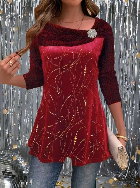 

Casual Striped Long Sleeve T-shirt, Wine red, T-shirts