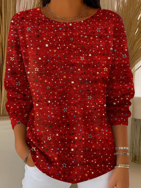 

Women Star Printing Spring/Fall Casual Long Sleeve Crew Neck Sweater, Red, Sweaters