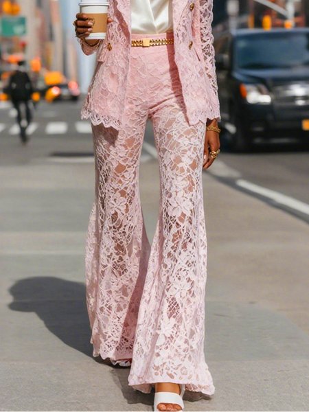 

Lace Elegant Plain Wide Leg Fashion Pants, Pink, Pants