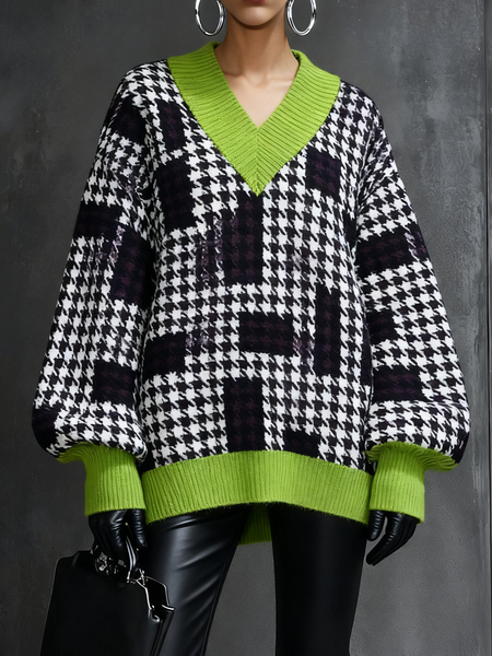 

Casual Color Block V Neck Sweater, As picture, Pullovers