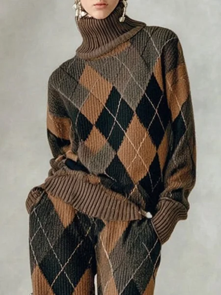 

Casual Plaid Turtleneck Sweater, As picture, Pullovers